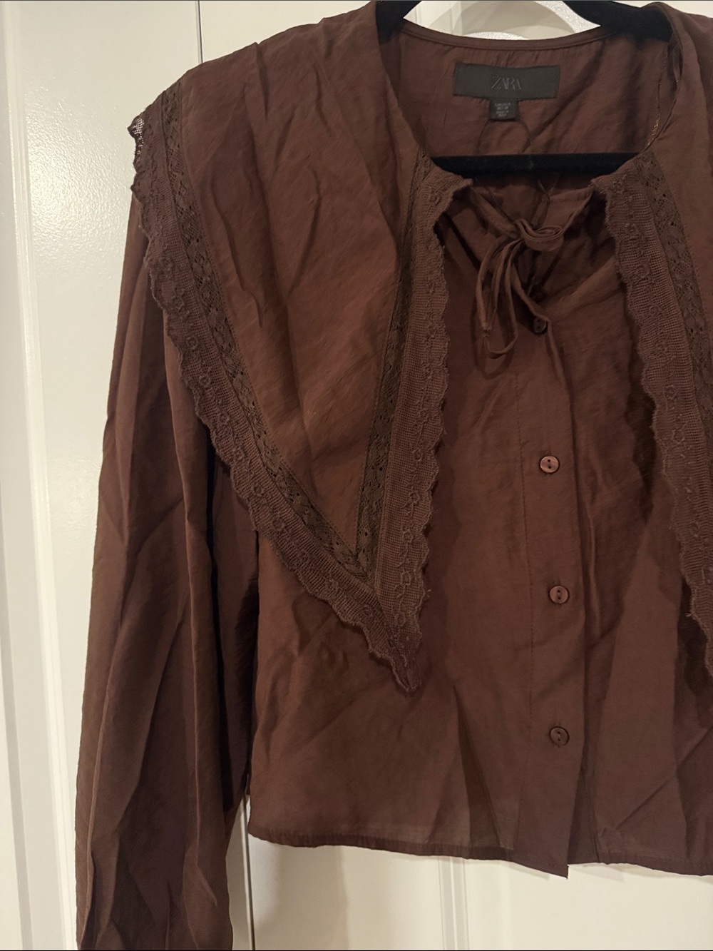 Zara Flowy Brown Lace-Trim Peter Pan Button-Down Blouse size S - Picture 5 of 9